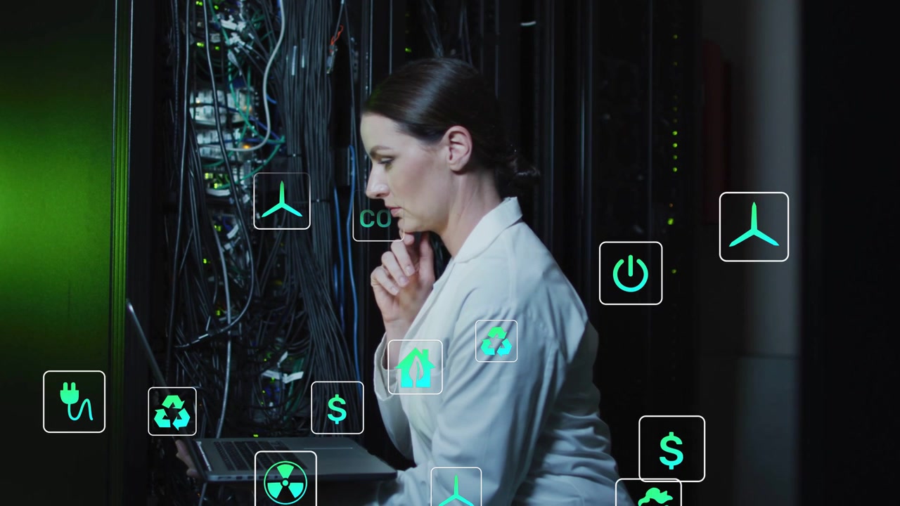 Server tech debugging cables then typing on laptop causing teal energy icons rising around laptop