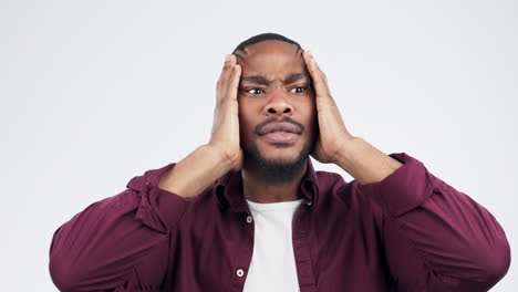 faccia, shock e uomo nero con stress