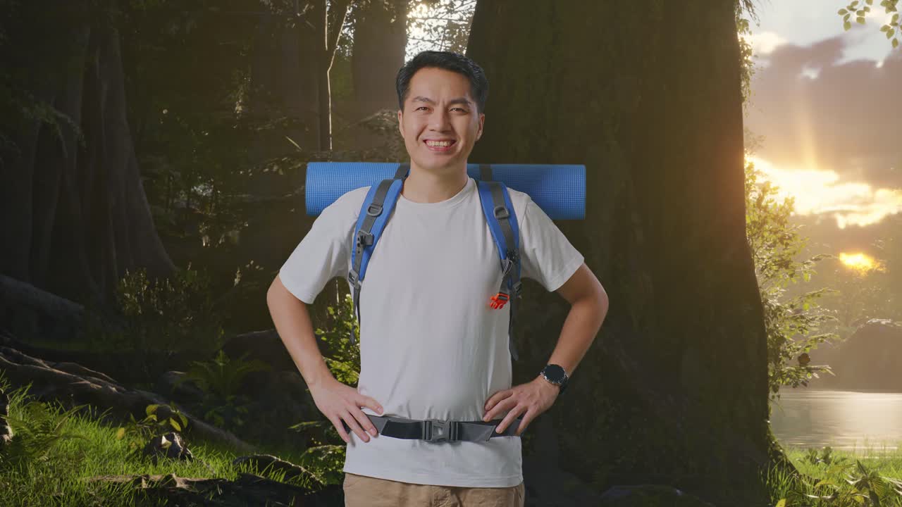 해가 뜨면 숲에서 산책하는 미소 짓는 남자