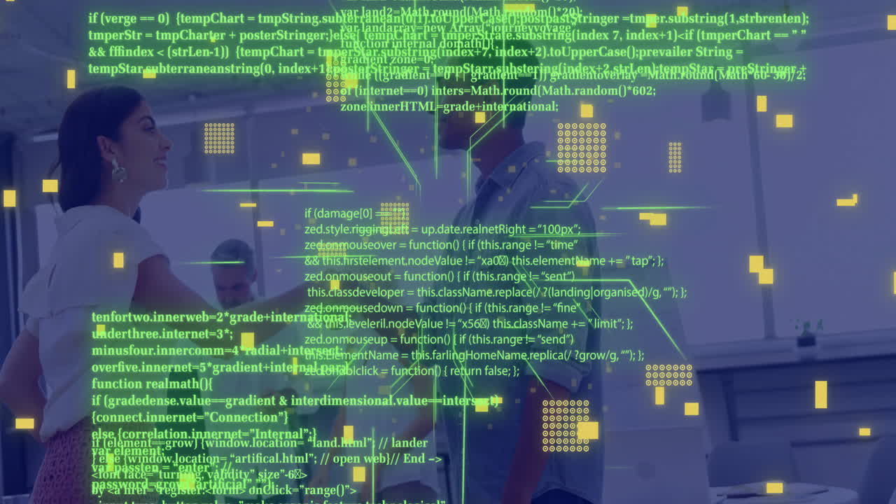 Digital data and coding animation over business people shaking hands in office