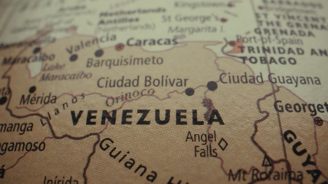 Close-up of a vintage world map focusing on Venezuela