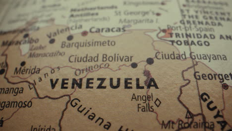 close-up of a vintage world map focusing on venezuela
