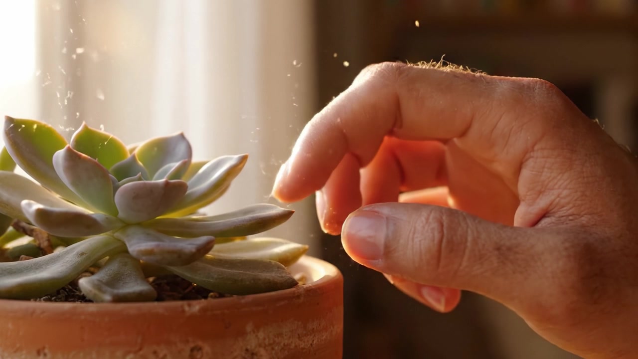 Primo piano di una pianta grassa con delicate particelle di polvere che si disperdono alla luce del sole, mettendo in mostra la bellezza e la serenità della natura in un accogliente ambiente interno