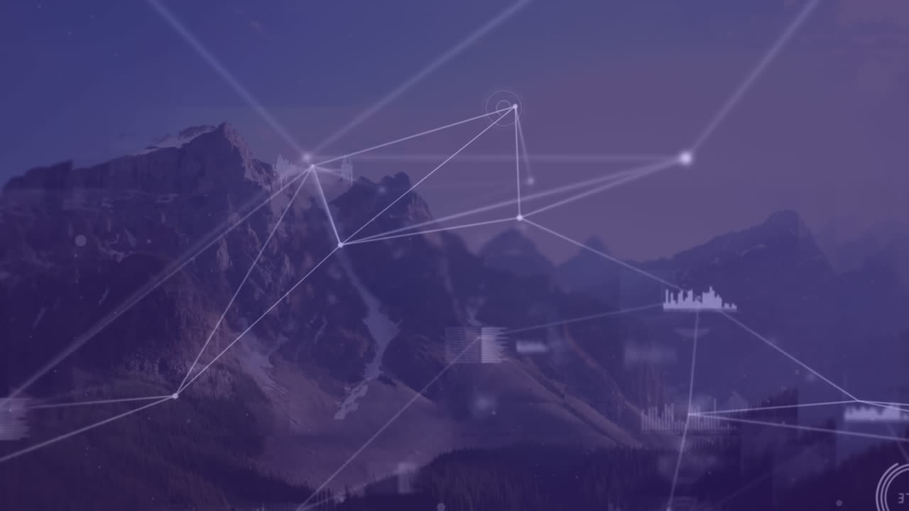 Animation of network of connections and data processing over mountains
