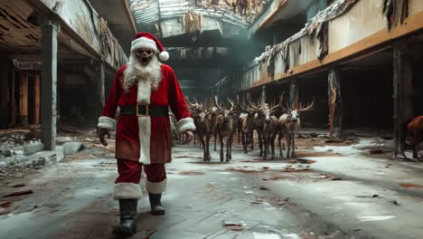 a man dressed as santa claus walking with a herd of reindeer in an abandoned building