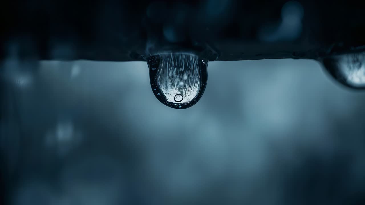 Droplet bulging under bar on railing, gravity overcoming tension breaking stream
