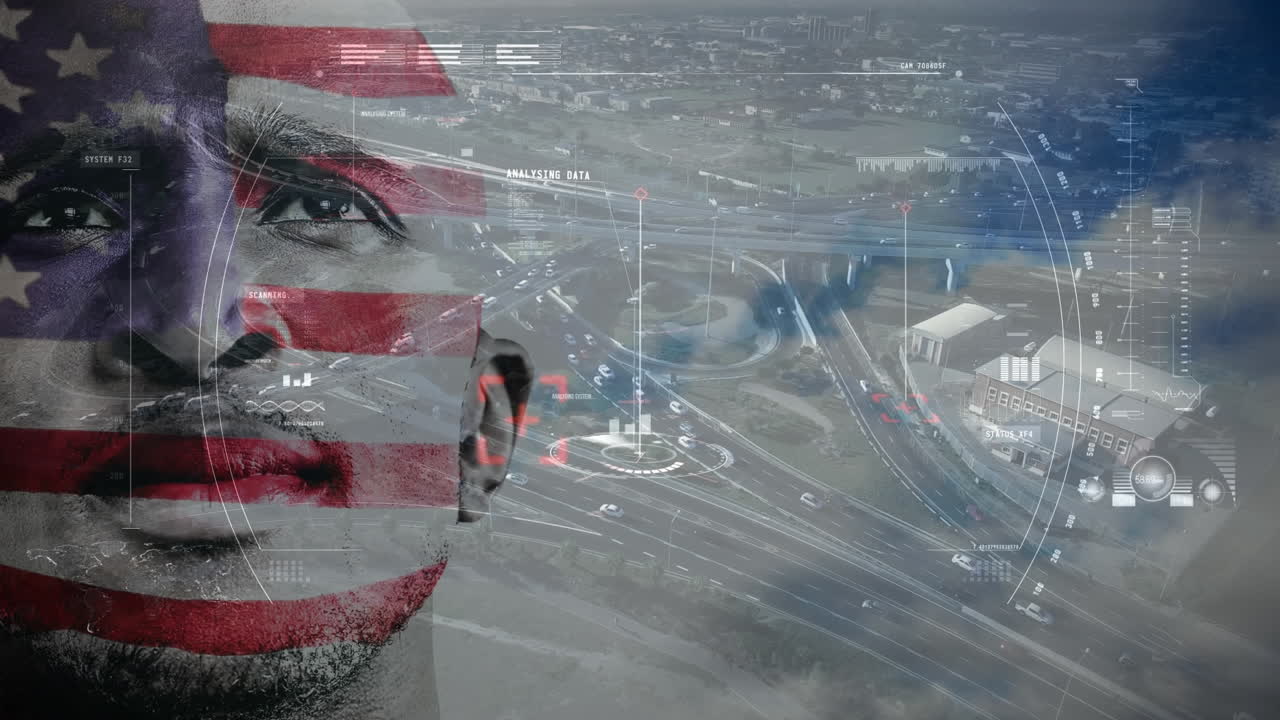 hombre con bandera estadounidense pintado cara contra la ciudad