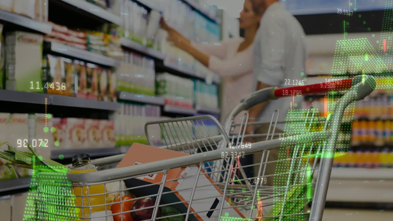 Shoppers scanning shelves, comparing prices, finance graphs appearing over cart for budget planning