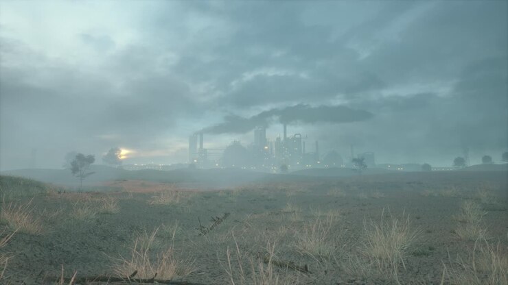 Industrial Plant Emitting Smoke Against A Hazy Sunset Sky