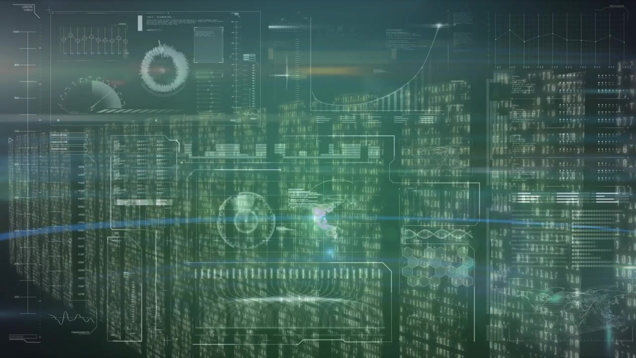 Animation of globe and data processing over server room