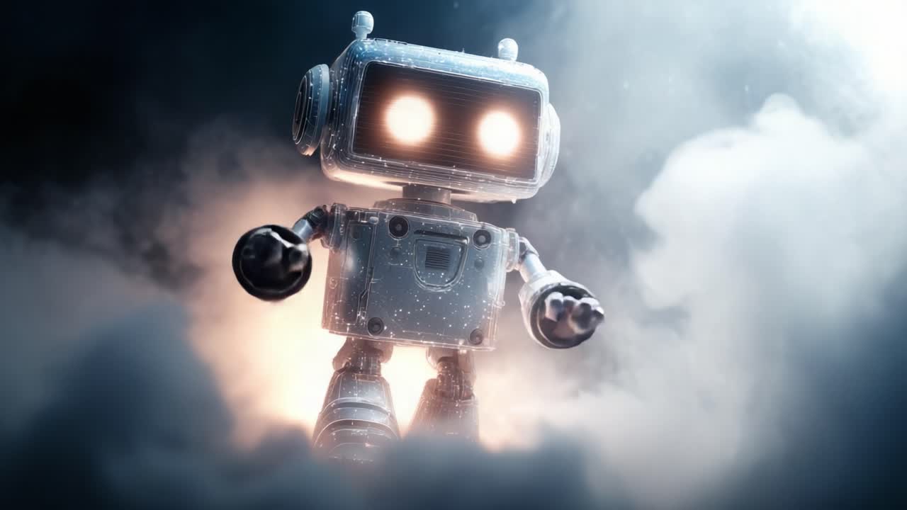 A futuristic robotic figure stands amidst swirling clouds of mist, illuminated by glowing eyes, evoking a sense of wonder and curiosity about technology and artificial intelligence in a dynamic setting