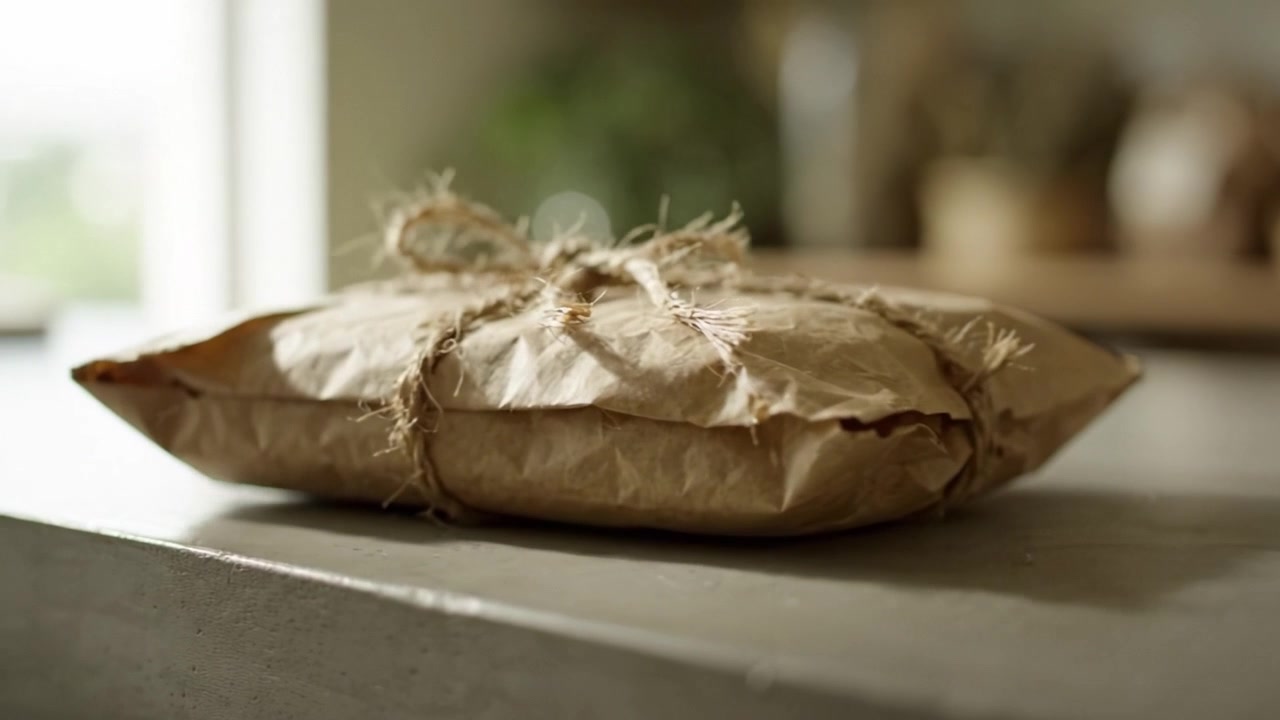 Un pacchetto splendidamente incartato appoggiato su un piano di lavoro liscio, che mostra texture naturali e un'estetica rustica, perfetto per fare regali o occasioni speciali