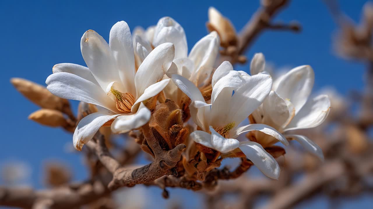 A Serene Display of Elegantly Blooming White Flowers against a Brilliant Blue Sky, Capturing Nature's Fragile Beauty and Grace in Full Detail