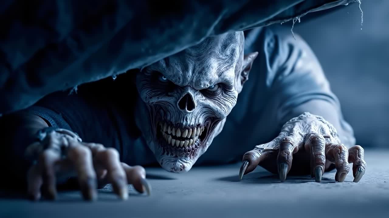 A creepy looking zombie crawling under a blanket