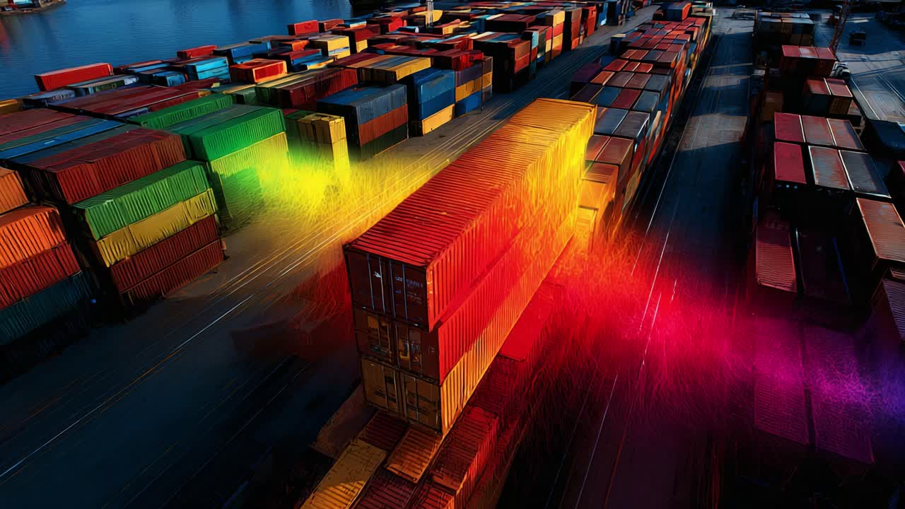 Vibrant Network of Shipping Containers in a Logistics Hub: A Stunning Aerial View Showcasing Colorful Patterns and Dynamic Light Effects Amidst a Sea of Cargo