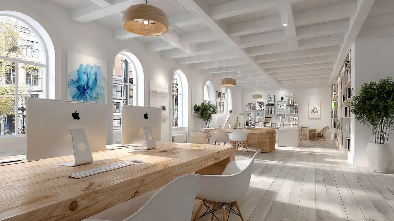 Spazio ufficio luminoso e moderno con luce naturale, design elegante e arredi eleganti per un ambiente di lavoro produttivo.