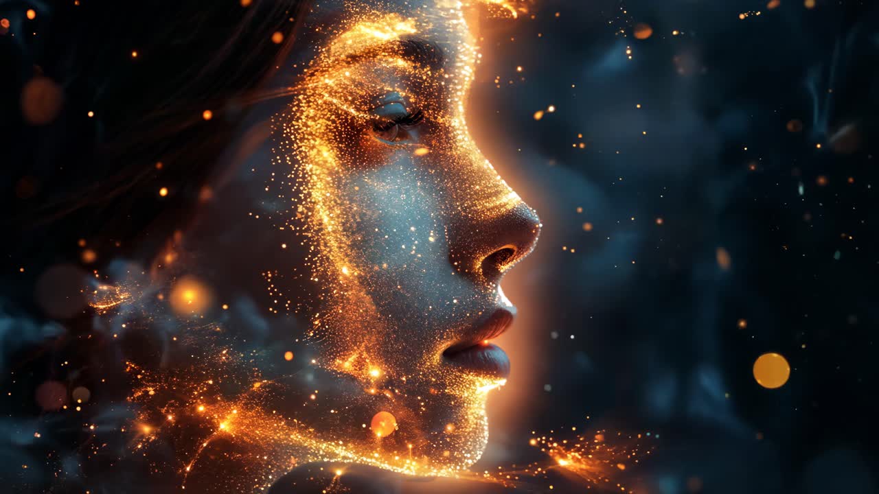 A woman's face is lit up with bright orange lights. The image has a futuristic and surreal feel to it, with the glowing lights creating a sense of otherworldliness