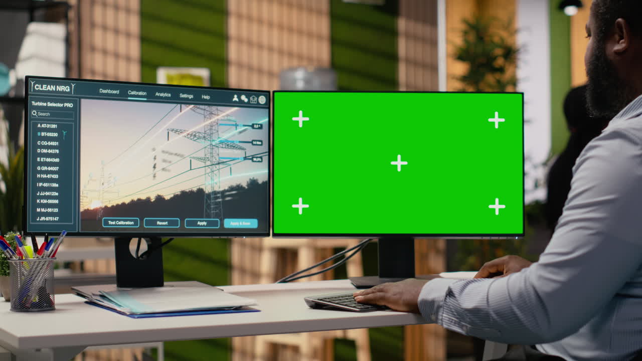 Engineer Works On Power Line Tower Cad Design On Isolated Screen Pc In Office