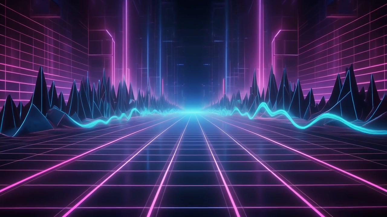 Paesaggio digitale retro synthwave con griglia al neon luminosa e montagne
