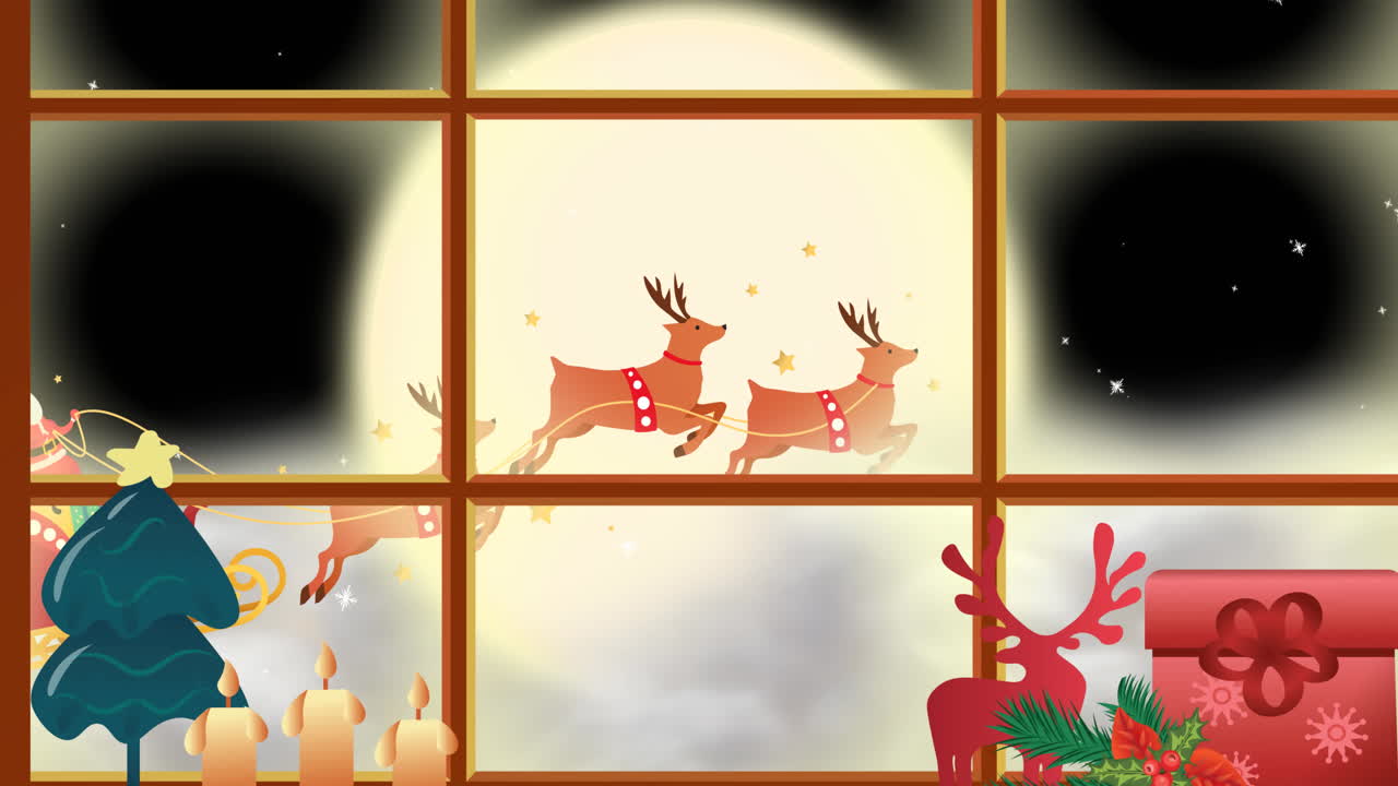 papá noel y renos volando sobre la luna, vista por la ventana