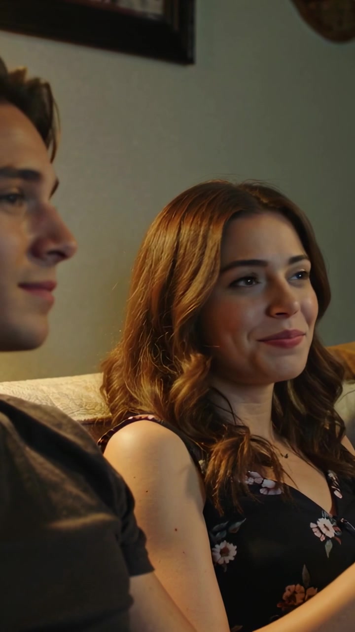Vertical video: Glancing after offscreen sound, woman in floral dress smiling toward man at home