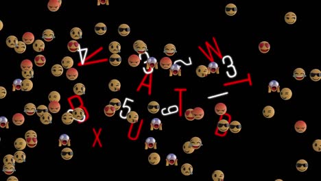 Animation-Von-Emojis,-Die-über-Wechselnden-Buchstaben-Auf-Schwarzem-Hintergrund-Schweben