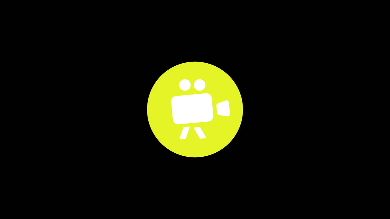 Animowana ikona kamery wideo w żółtym owalu na czarnym tle