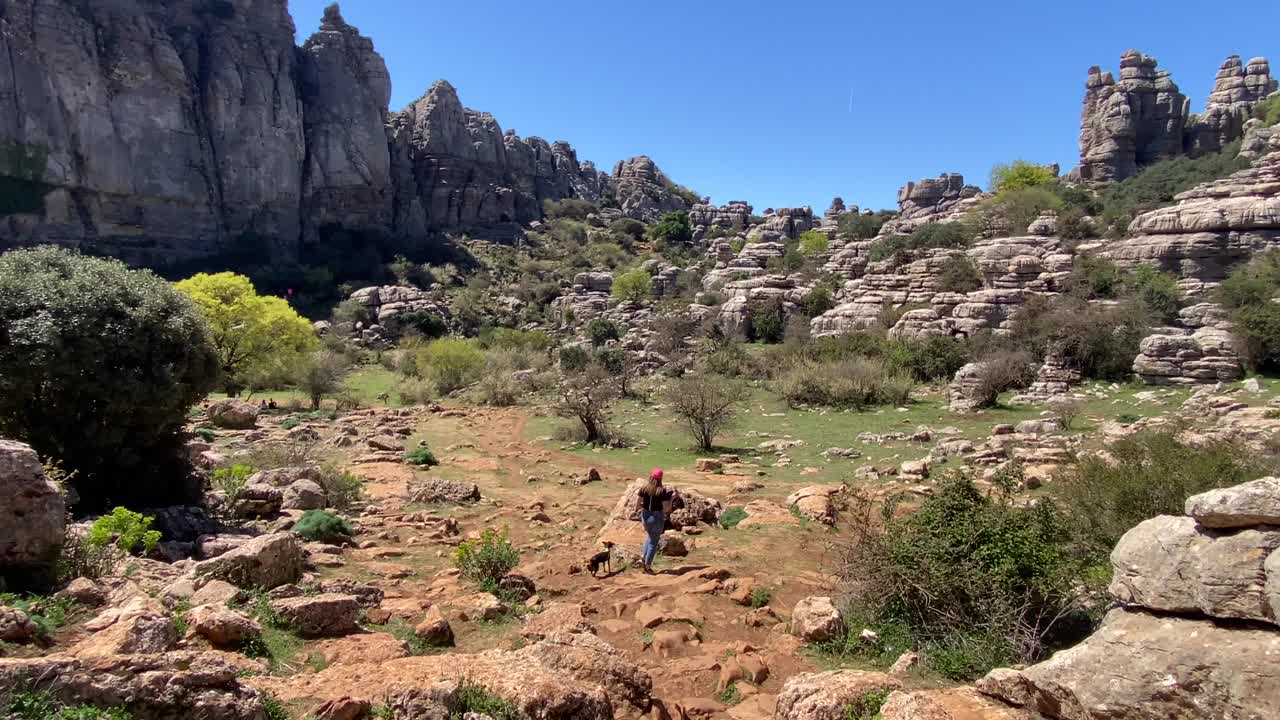 Static view of a woman walking with his small dog in the El Torcal Natural Park in Antequera, Malaga