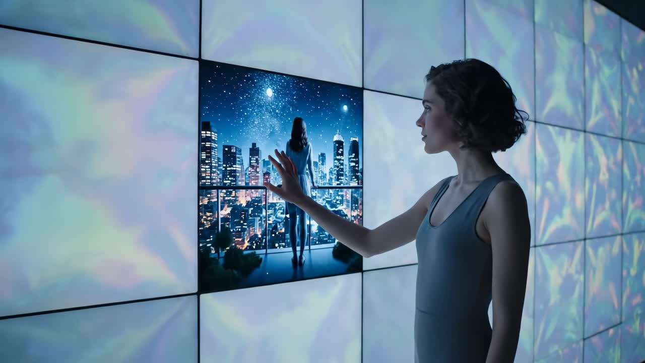 Woman interacting with video wall showcasing a child and cityscape