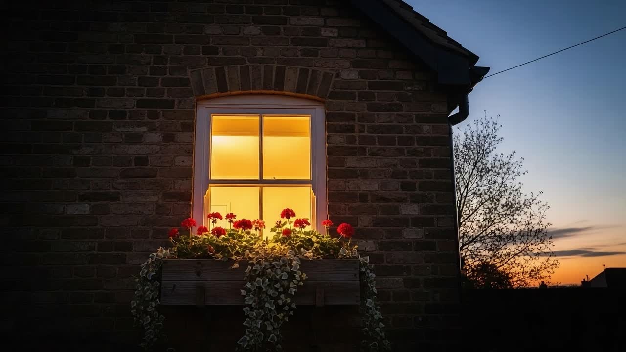 Un sereno bagliore serale: catturare la luce calda di una finestra adornata di fiori contro uno splendido sfondo di tramonto.