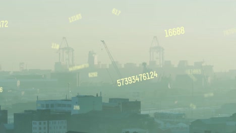 animation of multiple changing numbers against aerial view of cityscape