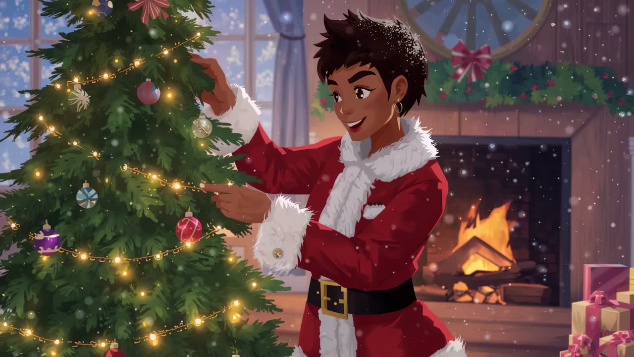 Standing by tree at home, woman in red coat reaching to place ornament, decorating for Christmas