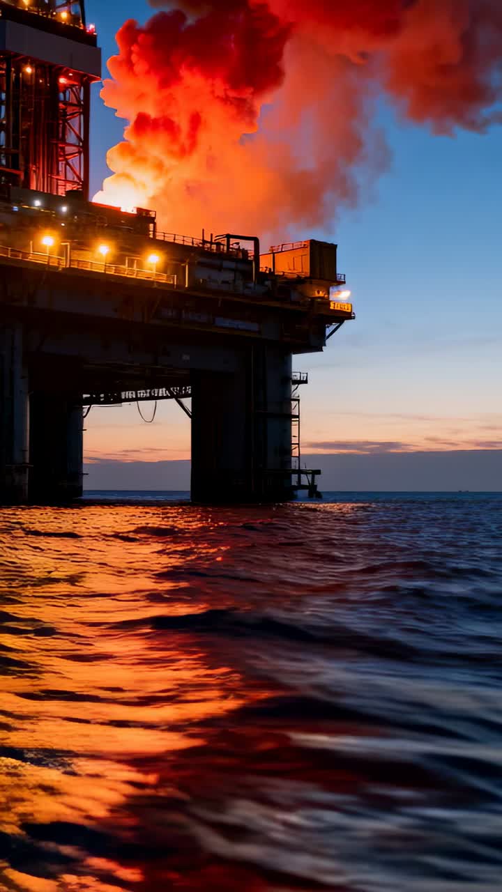 Vertikal video: En udbrudt flamme fra en offshore-platform sender rød røg ud i skumringen, med vandrefleksioner.