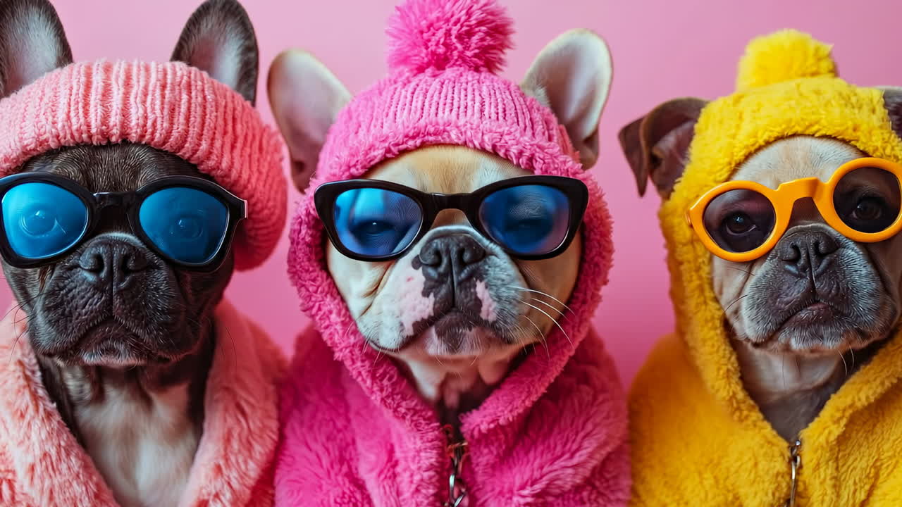French bulldogs in colorful outfits. Three French bulldogs are dressed in fluffy colorful sweaters with hats and glasses. They sit against a pink background looking stylish and funny