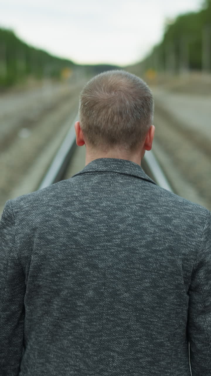 회색 재을 입은 노인이 철도 트랙에서 혼자 고 있으며, 나무와 전기 기둥이 흐릿하게 보입니다.