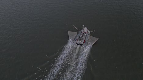 Barco-Arrastrero-Seguido-Por-Un-Grupo-De-Gaviotas-Mientras-Pesca-Camarones