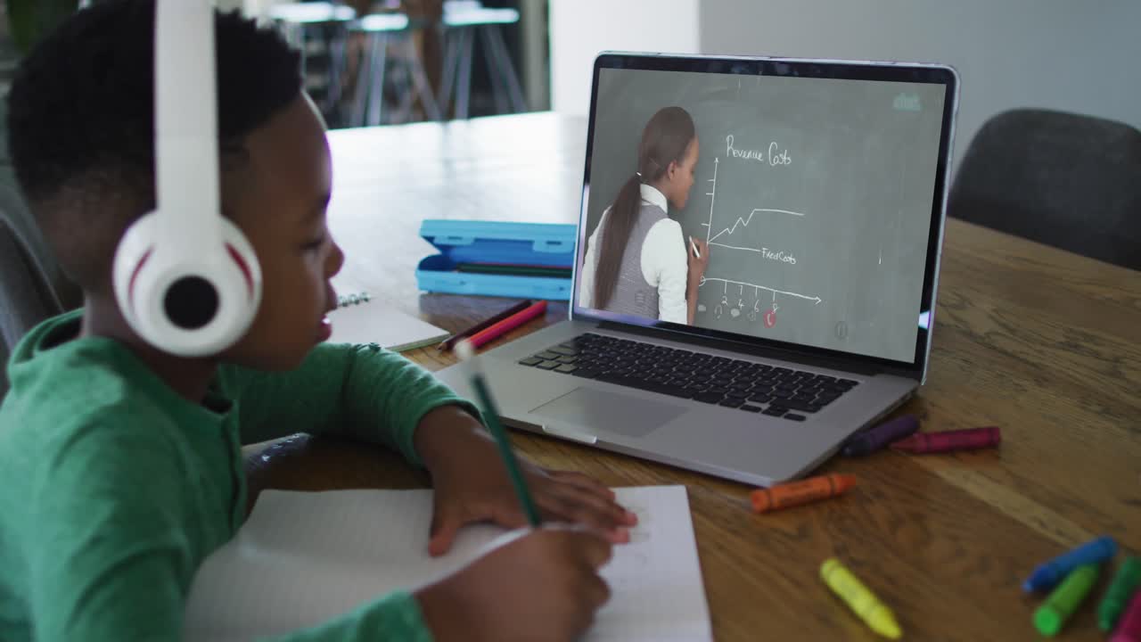 African american boy doing homework while having a video call with female teacher on laptop at home