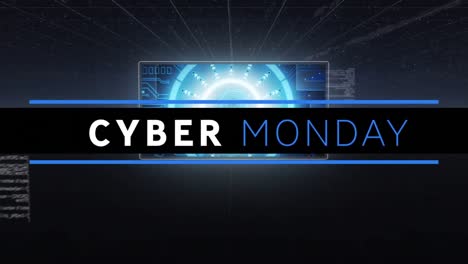 digital animation of cyber monday text banner against multiple round scanners and data processing