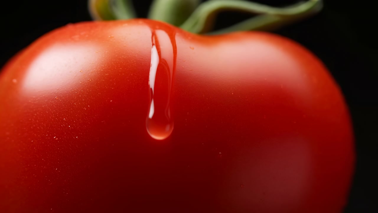 Primo piano di un singolo pomodoro rosso maturo con un gambo verde e una goccia d'acqua, illuminato delicatamente su uno sfondo scuro per enfatizzare la texture fresca e la superficie lucida