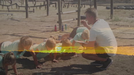 Children doing push-ups outdoors with coach over sunset landscape animation