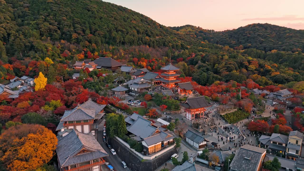 un impresionante clip de drone del templo kiyomizu-dera en kyoto al atardecer, capturando el pico del follaje rojo del otoño.