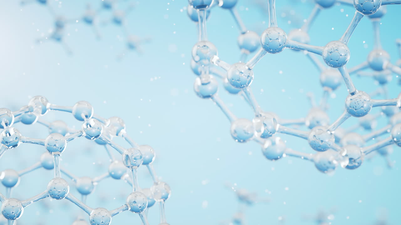 파란색 배경의 화학 분자, 3d 렌더링