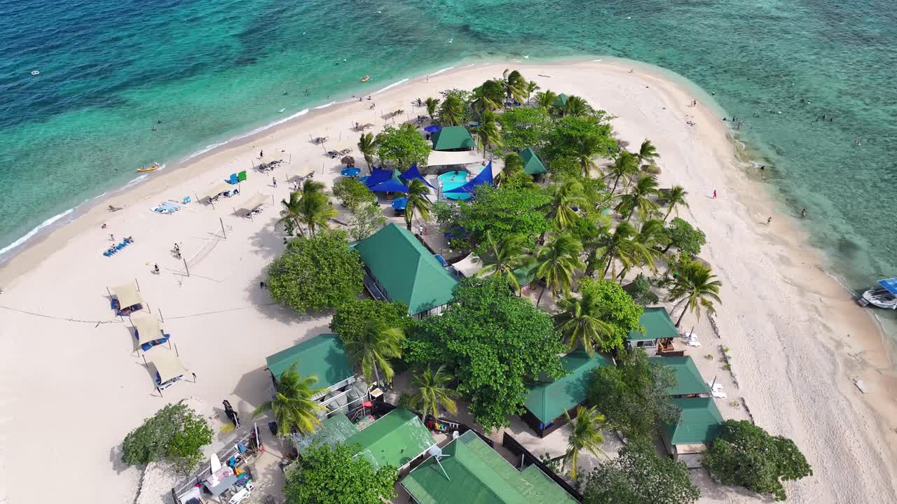 South Sea Island, Drone reveal resort, Fiji. Popular holiday destination, coral reef and colourful shoreline.