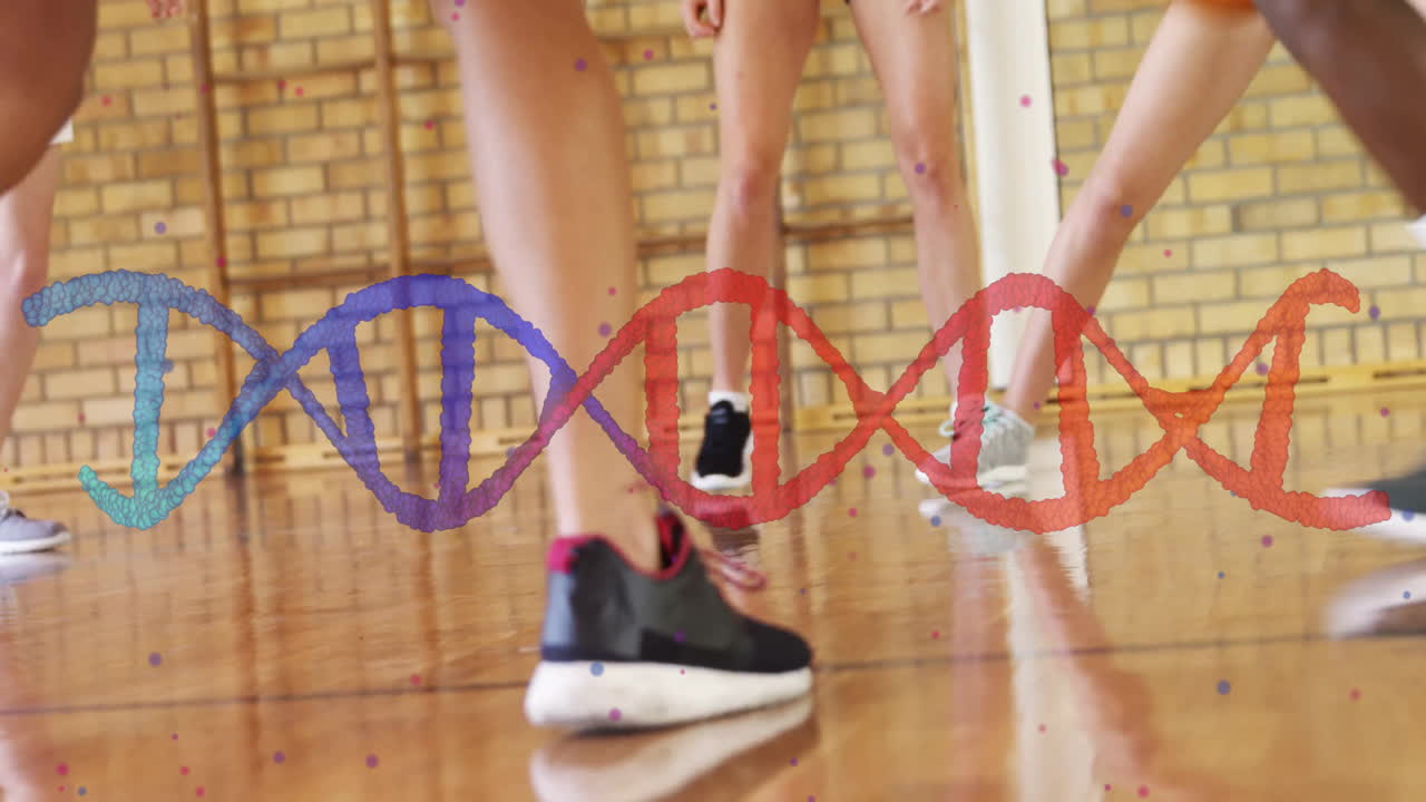 Exercising in gym, people with DNA strand animation overlay in background