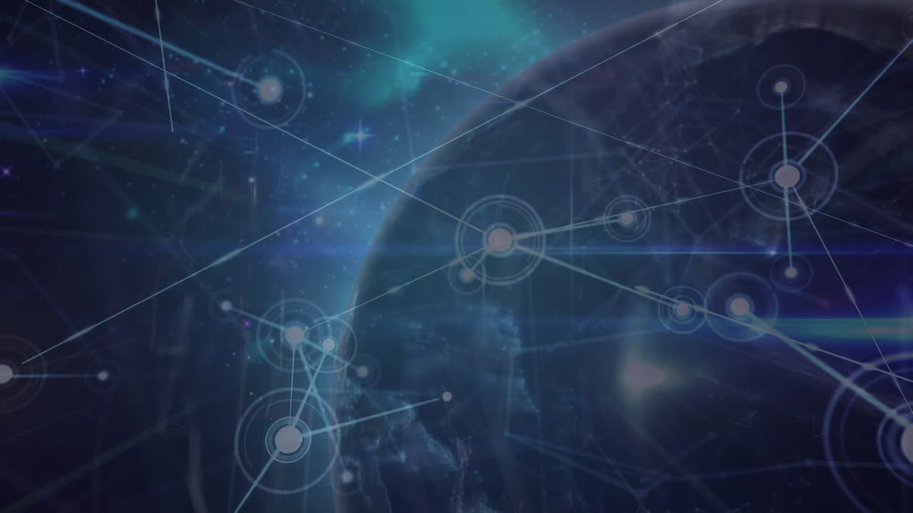 Animation of network of connections over spinning globe against blue background