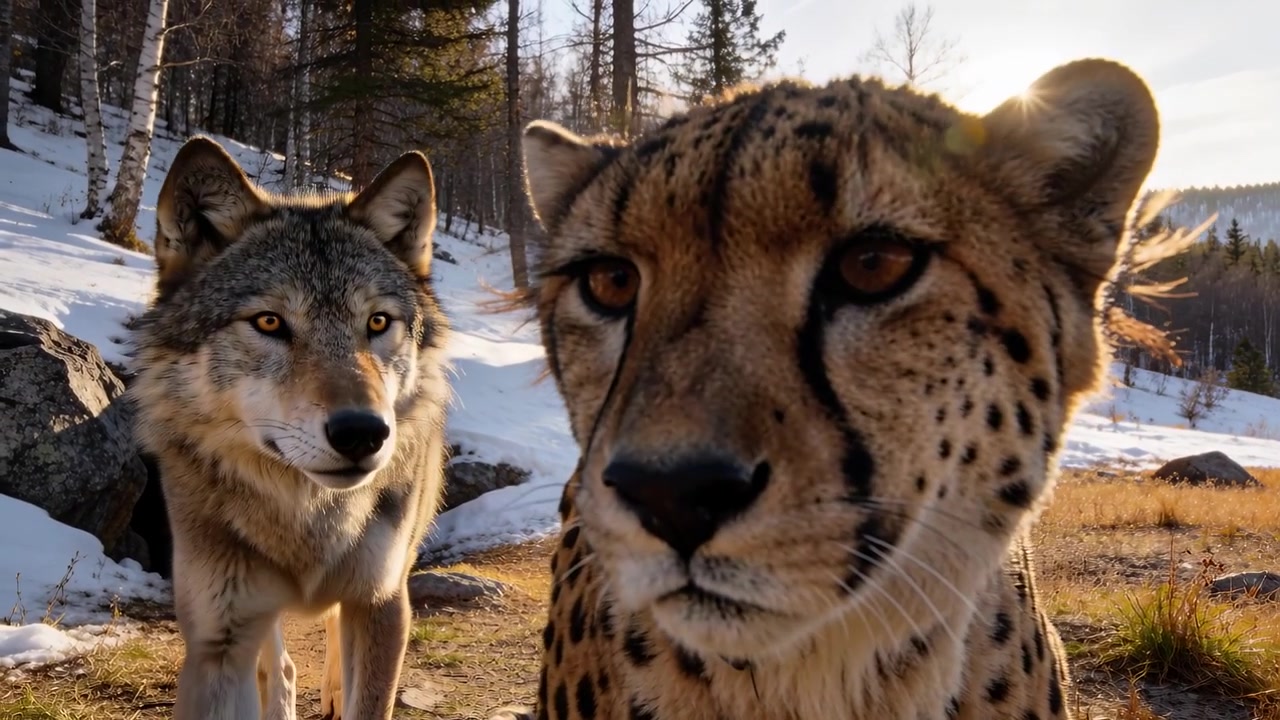 Emerging from den, wolf following spotted feline across sunlit woods, investigating collar