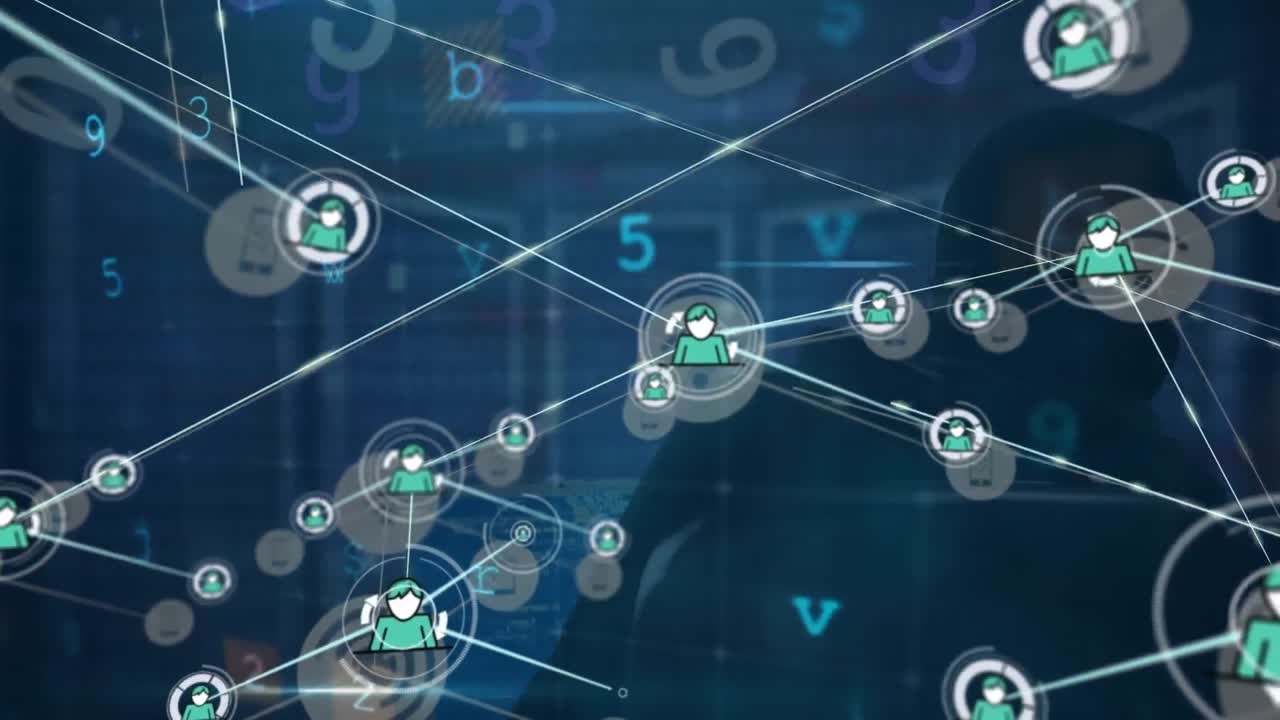 Animation of network of connections with icons and data processing over server room and hacker