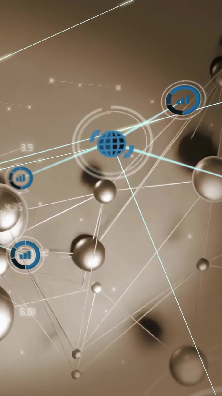 Video verticale: Una scansione luminosa avvia nodi lucidi che si collegano e pulsano, mostrando icone e metriche HUD.