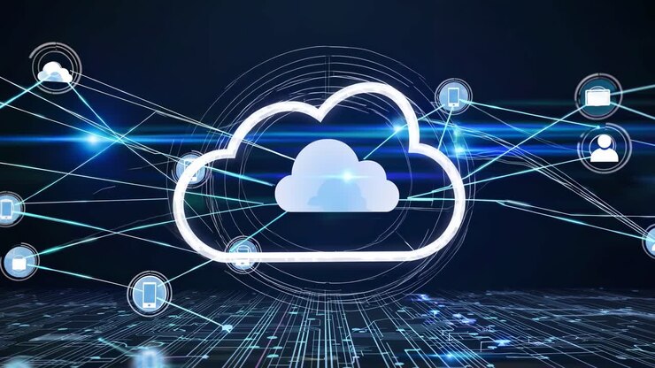Futuristic video concept of cloud computing with a digital network overlay