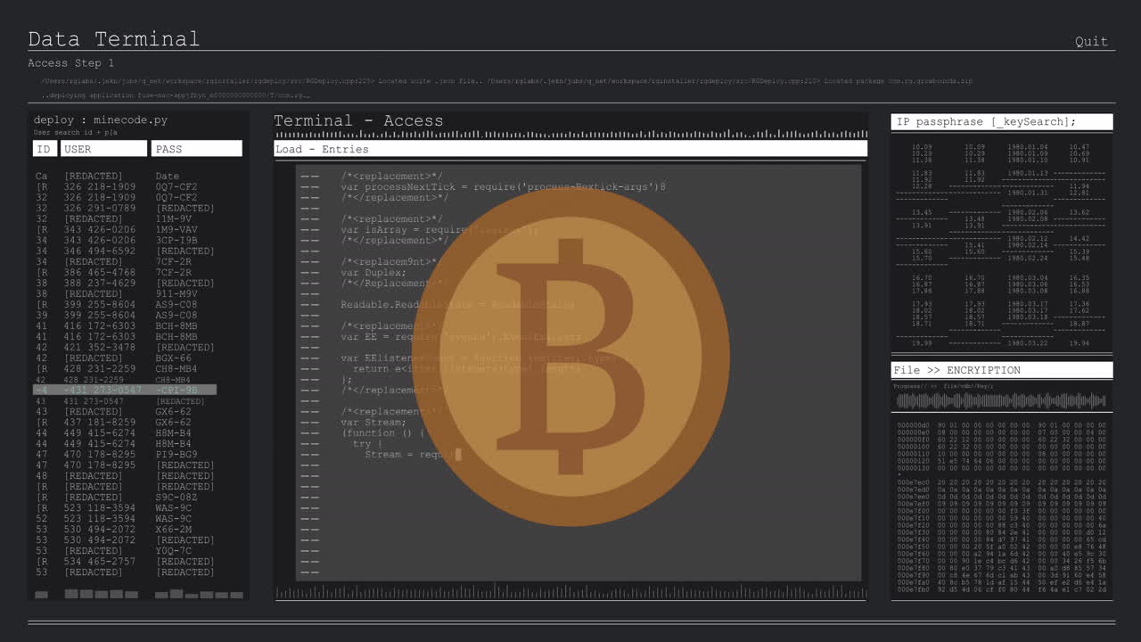 animación de bitcoin sobre el procesamiento de datos en fondo negro